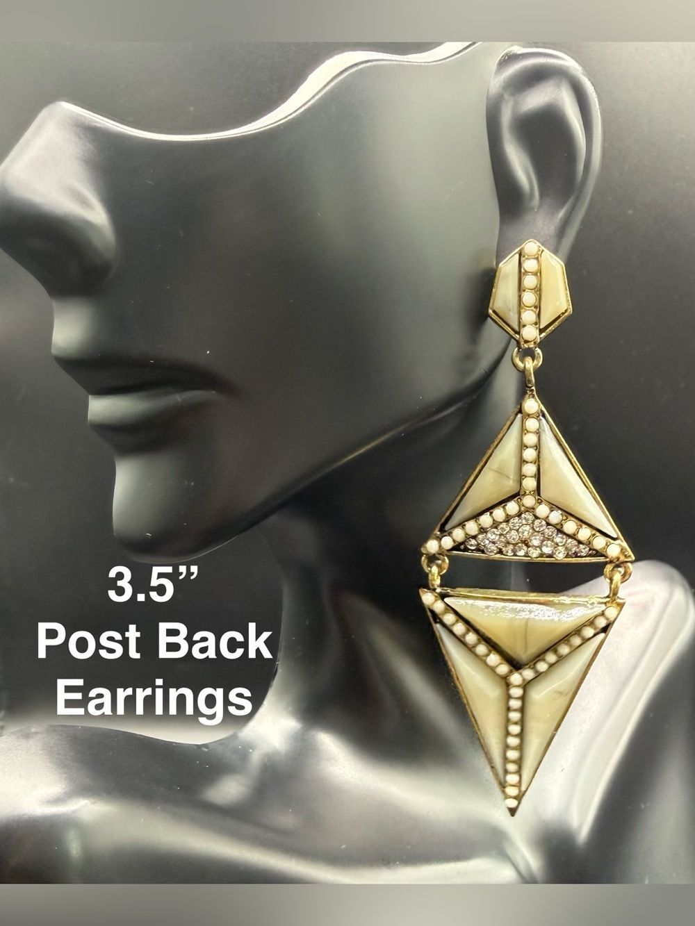 E55. Gold and Cream Statement Drop Earrings - Geometric Design